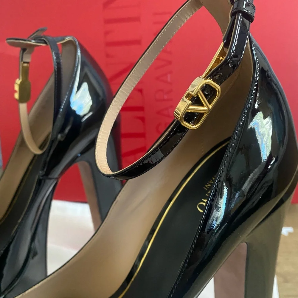 Valentino Rockstud Tan-go Black Patent Leather Ankle Strap Platform Heel Pump 41 - Picture 4 of 12